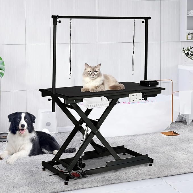 50" Large Dog Grooming Table, Heavy Duty Hydraulic Lift Dog Grooming Table with Aluminium Overhead Arm, Anti Slip Tabletop, 6 Usb Ports for Home and Salon, Maximum Capacity Up to 300Lb, Black