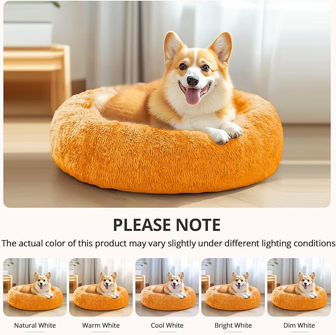 JOLLYVOGUE Small Dog & Cat Beds for Indoor Cats, Donut Cuddler Warming Soft Dog Beds with Anti-Slip Bottom, Round Calming Fluffy Plush Faux Fur Cushion Bed for Small Dogs (20", Orange)