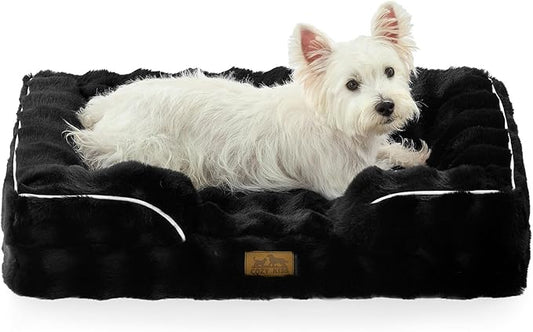 Orthopedic Dog Bed for Medium Small Size Dog, Faux Fur Pet Sofa, Foam Bolster Couch with Waterproof Lining Cover, Anti-Slip, Soft, Warm, Washable, C-Shaped, M 30x20x6.5 inch, Black