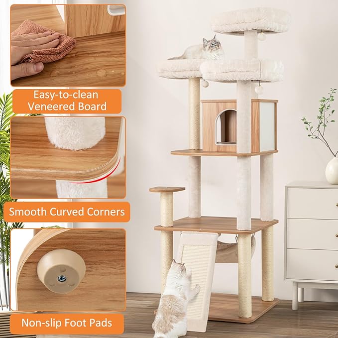PETSITE 68-inch Modern Tall Cat Tree for Indoor Cats, Multi-Level Wooden Cat Tree Tower with Sisal Scratching Posts, 3 Top Perches, Cat Condo, Comfy Hammock, Sisal Ramp, and Jingling Balls