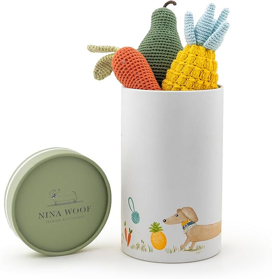 Nina Woof Organic Cotton Dog Toys Pack – Handmade Squeaky Plush Puppy Toys for Small and Medium Dogs, Eco Friendly Teething Accessories, Natural Pet Gift Set with Cute Fruit and Veggie Designs