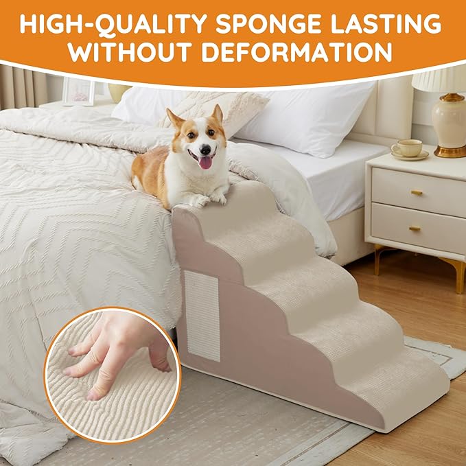Pet Stairs, Dog Stairs for Small Dogs, Dogs Steps, 3-Step Curved Dog Ramp for Bed, Couch, Sofa, Car and Chairs, Non-Slip Bottom Design, Cat Scratching Board, High Density Foam Portable Pet Step, Beige