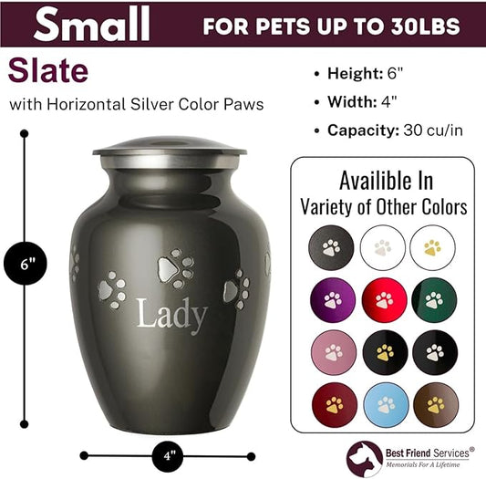 Pet Urn for Dogs and Cats with Personalized Laser Engraving, Ottillie Paws Premier Series Memorial Urns (Small Slate with Horizontal Pewter Paws)