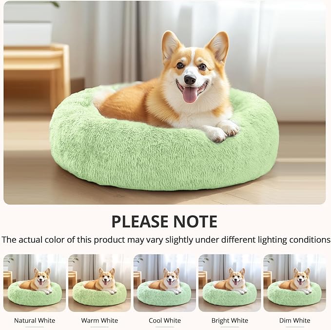 JOLLYVOGUE Small Dog & Cat Beds for Indoor Cats, Donut Cuddler Warming Soft Dog Beds with Anti-Slip Bottom, Round Calming Fluffy Plush Faux Fur Cushion Bed for Medium Dogs (31", Light Green)