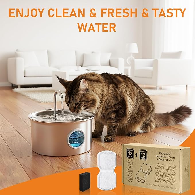 Cat Fountain Filter, 24 Pcs Cat Fountain Filters Replacement & Pre-Filter Sponges for Pet Water Fountain Stainless Steel with Water Level Window