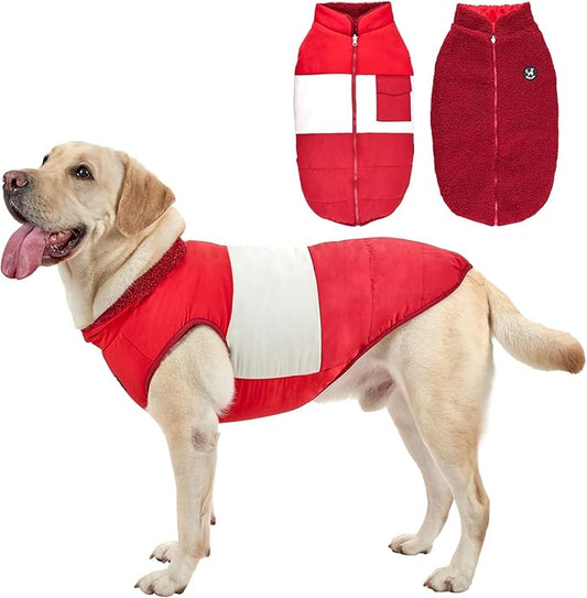 Reversible Dog Winter Coat, Waterproof Warm Fleece Sweater Windproof Lightweight Pet Snow Jacket for Medium Large Dogs with Double Ended Zipper, Cold Weather Dog Coat,Christmas Red, XXL