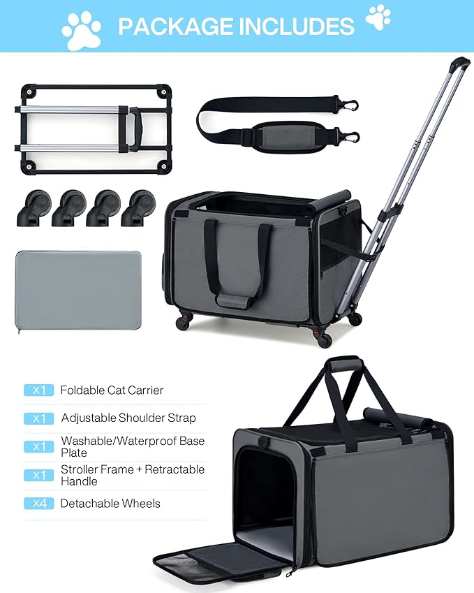 MILADA Extra Large Cat Carrier with Wheels for Big Cats & Small Dogs Soft Sided Rolling Pet Carrier Detachable XL Cat Stroller for Travel, Hiking, Vet & Hospital Use, Grey