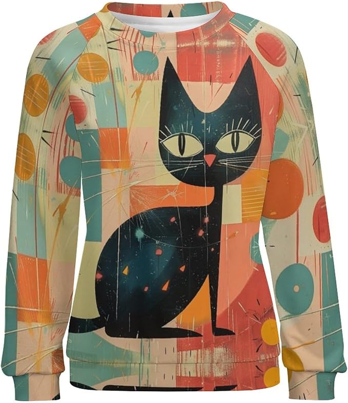 Biacolum Long Sleeve Shirts for Women Mid Century Retro Style Atomic Cat 3D Graphic Sweatshirts Fall Crewneck Pullover Top