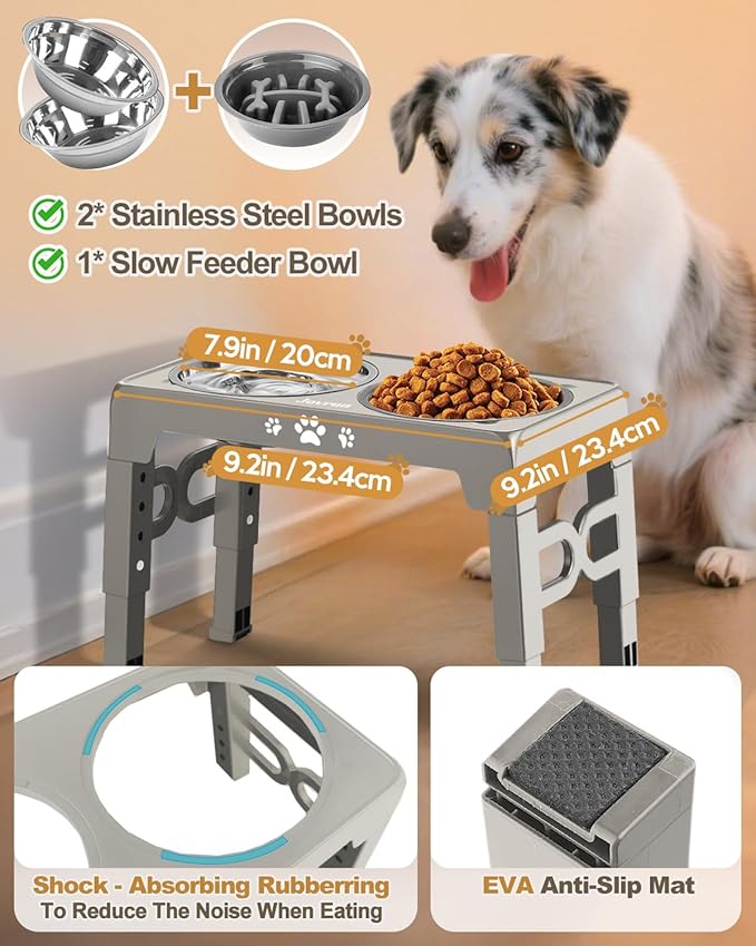 Elevated Dog Bowls, Dog Feeder with Stainless Steel Dishes & Slow Feeder Bowl, 5 Heights Adjustable Raised Stand for Medium Large, Food Dishes with Non-Slip Feet