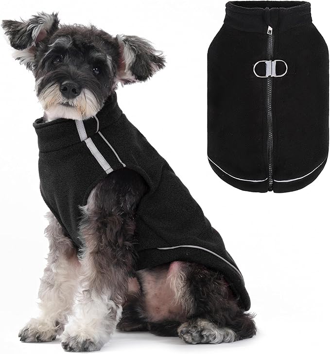 BEAUTYZOO Dog Fleece Vest Sweater Winter Jacket Zip Up Warm Pullover Step-in Dog Clothes with D-Ring Leash Cold Weater Reflective Coat Hoodie for for XS S M Dogs Puppy Cat Boy or Girl, Black Small