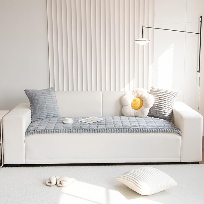 Faux Fur Plush Dog Couch Cover 3D Stripe Fuzzy Sofa Cover Non-Slip Fluffy Dog Bed Cover Pet Blanket Sofa Couch Furniture Protector for Puppy Large Dog Cat (Light Grey,28"x59")