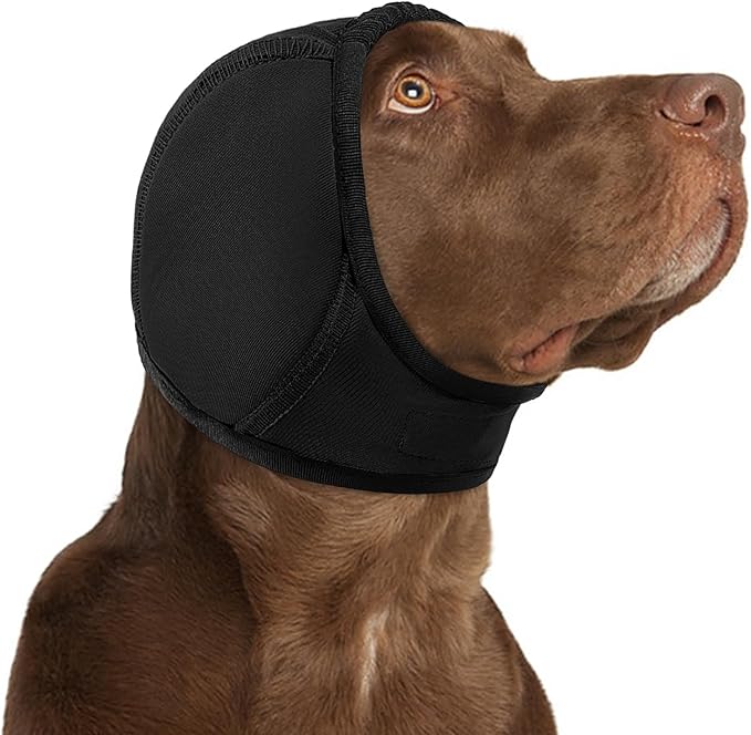 KOESON Dog Calming Hoodie - No Shake Ear Wraps for Dogs, Anxiety Relief & Noise Protection, Water Resistant Pet Ear Cover Muffs for Firework, Grooming, Thunderstorms, Swimming, Bathing, Black S