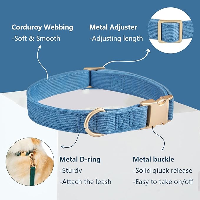 Soft Corduroy Dog Collar and Leash Set Adjustable Durable Dog Collars with Metal Buckle and Lead for Large Dogs,Royal Blue