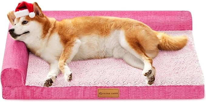 Patas Lague Orthopedic Dog Bed Medium Size Dog 30''X20'', Waterproof L Bolster Medium Pet Sofa Beds with Removable Washable Cover, Soft Comfortable Pet Couch Crate Mat with Nonskid Bottom, Pink