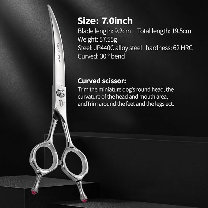 Dog Grooming Scissors: Professional Grooming Scissors for Pet High Precision CNC-Cut Blades, Silver (Curved, 7")