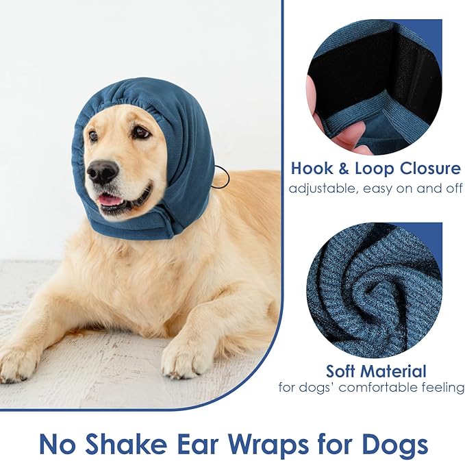 AOFITEE Dog Calming Hoodie - Anti-Slip Dog Ear Muffs Cover for Noise Anxiety, No Shake Ear Wrap for Dogs Hematoma, Adjustable Dogs Headband for Grooming, Fireworks, Thunderstorms, Blue L