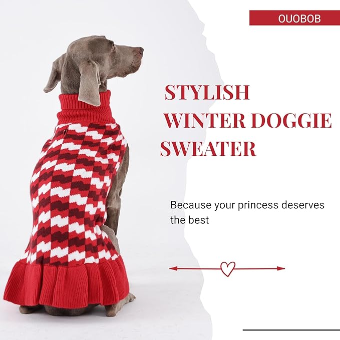 Dog Sweaters for Large Dogs Girl, Dog Sweater Dress with Leash Hole, Thick Turtleneck Knitwear for Female Dogs, Warm Fall Winter Dress for Cold Weather, Thanksgiving, Christmas - Red XXL