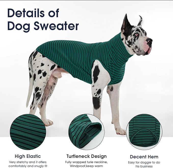 IECOii Dog Fleece Vest Sweater - Stretch Warm Pullover with Turtleneck,Green Stripes,Large, Easy On/Off Winter Dog Sweater for Medium Large Dogs Girl Boy, Winter Fall Jumpsuit with High Neck