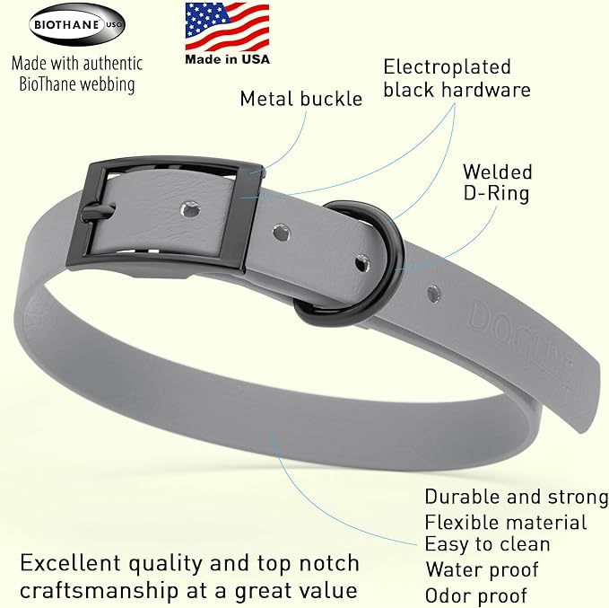 Dogline Biothane Coated Webbing Dog Collar with Black Metal Hardware: Durable Easy-Clean Everyday Collar for Dogs - Comfortable Adjustable Odor-Resistant Pet Collar, W3/4" x L15-18, Battleship Gray