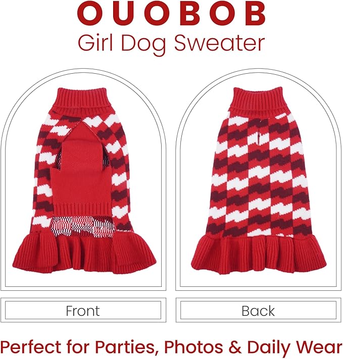 Girl Dog Sweater Dress for Small Medium Dogs,Dog Sweater Dress with Leash Hole, Thick Turtleneck Knitwear for Female Dogs, Cute Warm Fall Winter Pet Knitted Dress for Cold Weather, Christmas-M