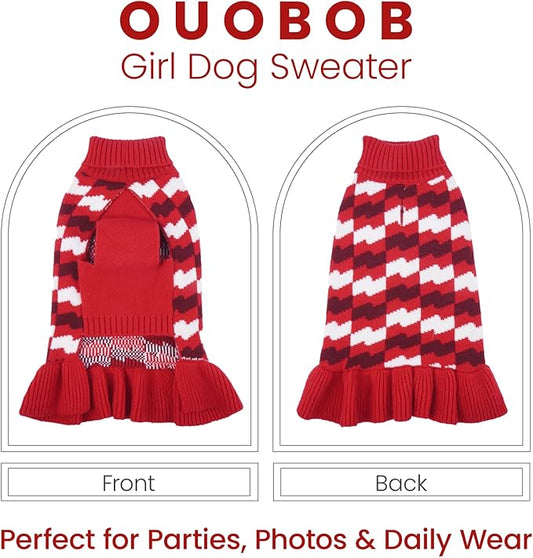 Dog Sweaters for Large Dogs Girl, Dog Sweater Dress with Leash Hole, Thick Turtleneck Knitwear for Female Dogs, Warm Fall Winter Dress for Cold Weather, Thanksgiving, Christmas - Red XL