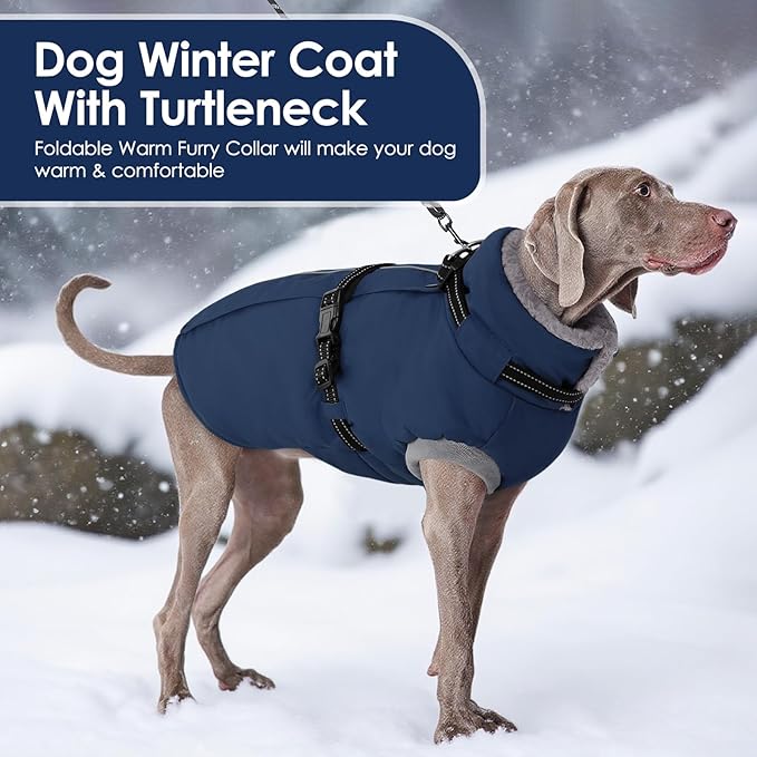 AOFITEE Dog Coat, Warm Dog Jacket Winter, Waterproof Dogs Winter Coat with Harness & Zipper, Reflective Turtleneck Fleece Pet Puffer Jacket Snowsuit for Jack Russel, Boston Terrier, Blue M