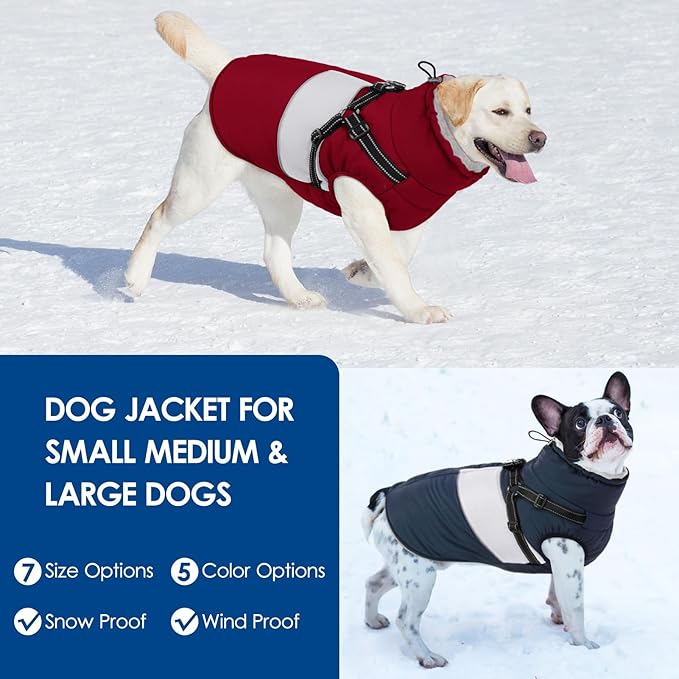 KOESON Large Dog Coat, Warm Dog Winter Coat Cold Weather Jacket with Built-in Harness and Reflective Straps, Windproof Pet Puffer Jacket Zip Up Fleece Vest for Pitbull, Husky, Burgundy L