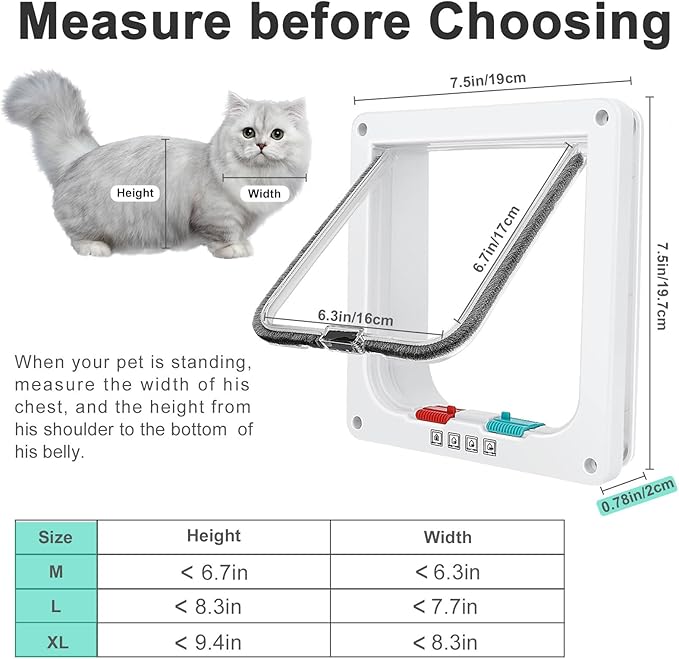 Thin Cat Door for Windows, Pet Doors and Sliding Door, Safety Pet Door with 4 Way Lock, Weatherproof Cat Flap for Thin Door and Wall(Medium, 7.7 * 7.5 * 0.78in)
