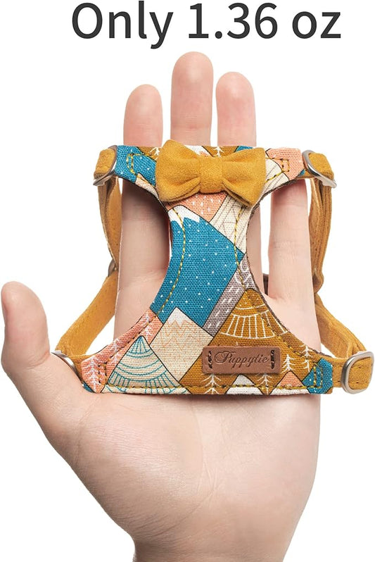 Puppytie No Pull xs Dog Harness with Multifunction Dog Leash,Soft Adjustable No Choke Escape Proof Pet Harness Vest,Suede Bow Yellow,XS