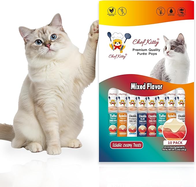 Chef Kitty Purée Pops, Cat Treats, Grain-Free, Lickable, Squeezable Creamy Cat Treat/Topper with Vitamin E & Taurine, 0.5 Ounces Each Tube, 10 Tubes, Chicken and Seafood Mix Variety