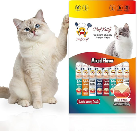 Chef Kitty Purée Pops, Cat Treats, Grain-Free, Lickable, Squeezable Creamy Cat Treat/Topper with Vitamin E & Taurine, 0.5 Ounces Each Tube, 10 Tubes, Chicken and Seafood Mix Variety