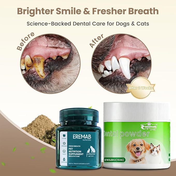 Dog Teeth Cleaning Powder,Dog Dental Powder and Dog Breath Freshener, Teeth Cleaning Made Easy, The Tooth Powder Set Includes Freeze-Dried Teeth Cleaning Treats, Complete Dental Care Solution