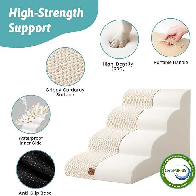 Dog Stairs for Small Dogs 15.7" H, 4-Step Slope Dog Steps for Bed, Couch or Chair, Sturdy Pet Ramp for Puppy, Older Cat, Pet Ladder with High Density Foam, 15.7x28.3x15.7 inch, Beige