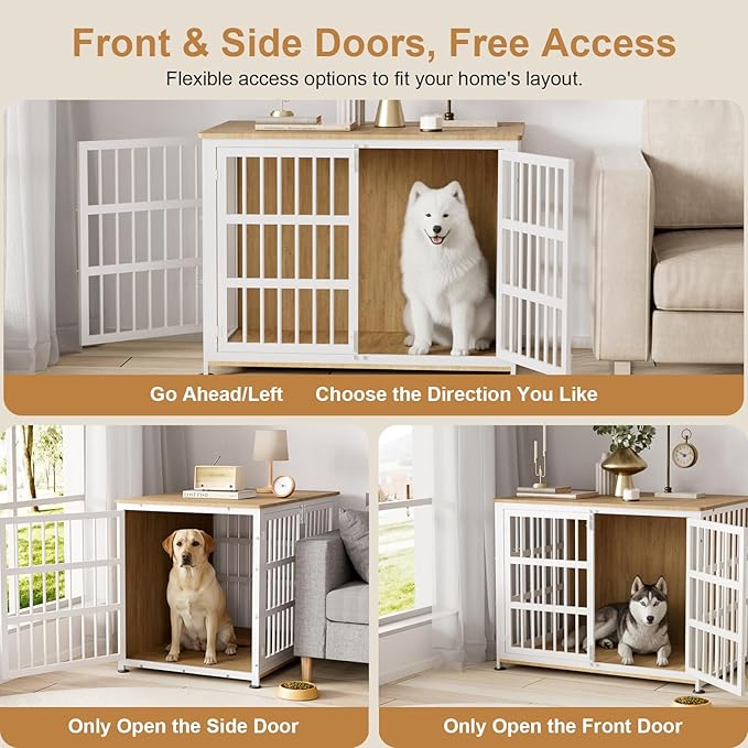 41" Furniture Style Large Dog Crate with Wheels, Chew-Resistant Dog Kennel Furniture Indoor for Large & Medium Dogs, 41"L x 29.1"W x 30.3"H, Decorate House as TV Stand, End Table — Natural and White