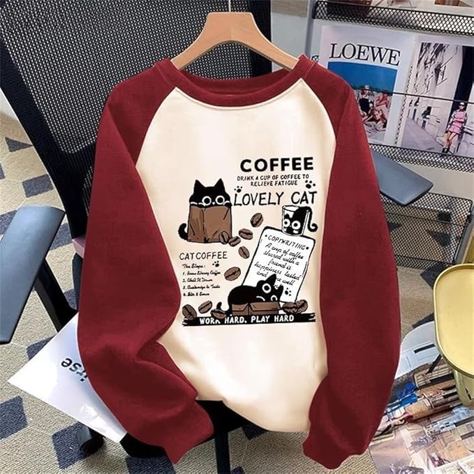 IVERIRMIN Women's 3D Cute Cat Print Sweatshirt Casual Long Sleeve Crewneck Cute Cat Pullover Loose Fit Shirts