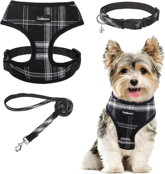 SCENEREAL No Pull Dog Harness Collar and Leash Set Small Medium Sized Dog, Soft Mesh Step in Puppy Harnesses, No Chock Plaid Adjustable Pet Vest for Outdoor Walking Training and Running, Black S