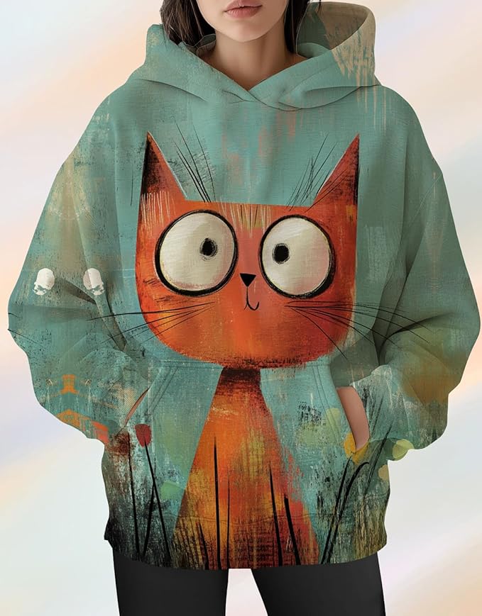 Womens Cat Print Hoodies Trendy Funny Cat Graphic Long Sleeve Sweatshirt Y2k Streetwear Hooded Pullover Tops