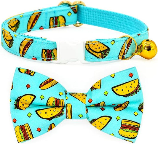 Taco Cat Collar Bow Tie Breakaway Collar, Wedding/Birthday Cat Accessories, Adjustable Bowtie, Removable Jingle Bell