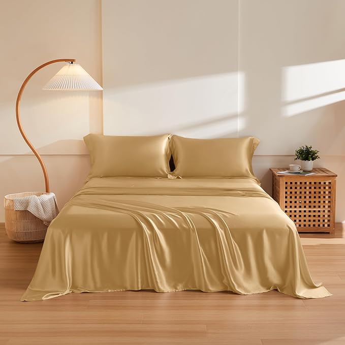 THXSILK Silk Sheet Set 4Pcs, 6A+ Top Grade 100% Natural Mulberry Silk Bed Sheets, Luxury Bedding Sets Ultra Soft Durable, 1 Fitted Sheet, 1 Flat Sheet and 2 Pillow Shams (Full, Metallic Gold)