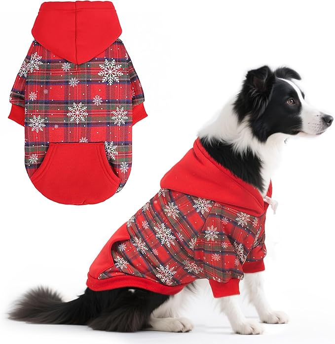 PUPTECK Christmas Winter Dog Hoodie Pet Sweatshirt Soft Warm Clothes Fleece Lined with Hat for Small Medium Large Dogs, Pocket Design, Snow L