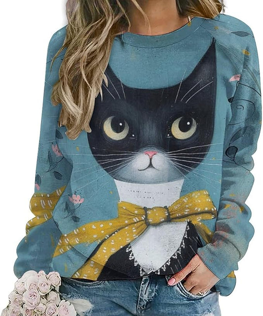 Biacolum Long Sleeve Shirts for Women Mid Century Retro Style Atomic Cat 3D Graphic Sweatshirts Fall Crewneck Pullover Top