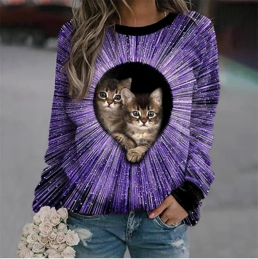 IVERIRMIN Women's 3D Cute Cat Print Sweatshirt Casual Long Sleeve Crewneck Cute Cat Pullover Loose Fit Shirts