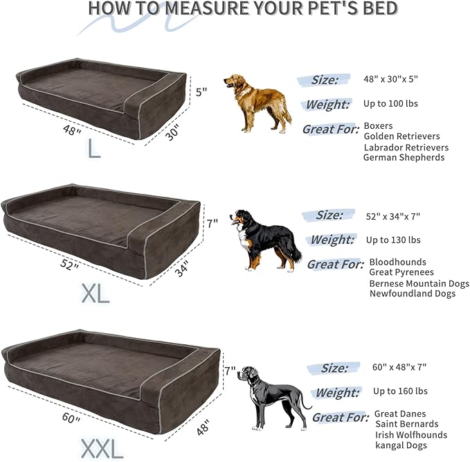 Orthopedic Foam Dog Beds for Extra-Large Dogs Up to 130 lbs, XL Dog Couch with Bolster, Washable Pet Bed Sofa with Removable All-Over Water-Resistant Cover & Non-Slip Bottom(X-Large, Grey)