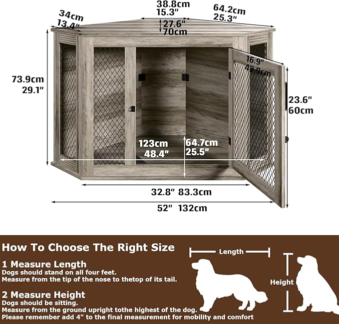 Coner Dog Crate Furniture, 52" Wooden Dog Kennel Furniture End Table with Mesh, Dog Kennel Indoor Furniture for Small Medium Large Dogs, Modern Decorative Wood Pet House Dog Cage Crate, Grey