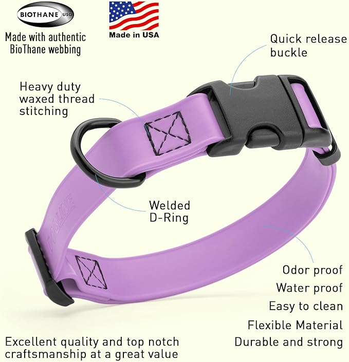Dogline Durable Biothane Waterproof Collar for Dogs - Odor-Resistant Coated Webbing, Quick-Release Design, Comfortable Adjustable Fit, 1" W by 15-25" L,Amethyst Purple