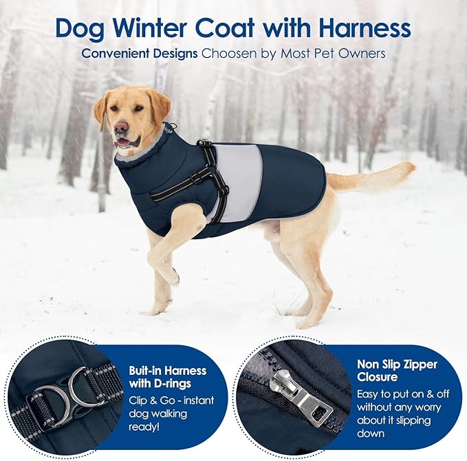 KOESON Dog Coat, Windproof Dog Winter Coat with Harness Built in for Extra Large Dogs, Waterproof Reflective Pet Snow Jacket with Warm Fleece Lining for German Shepherd, Labrador Retriever