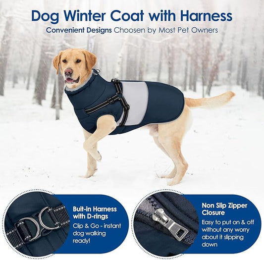 KOESON Dog Coat, Windproof Dog Winter Coat with Harness Built in for Extra Large Dogs, Waterproof Reflective Pet Snow Jacket with Warm Fleece Lining for German Shepherd, Labrador Retriever