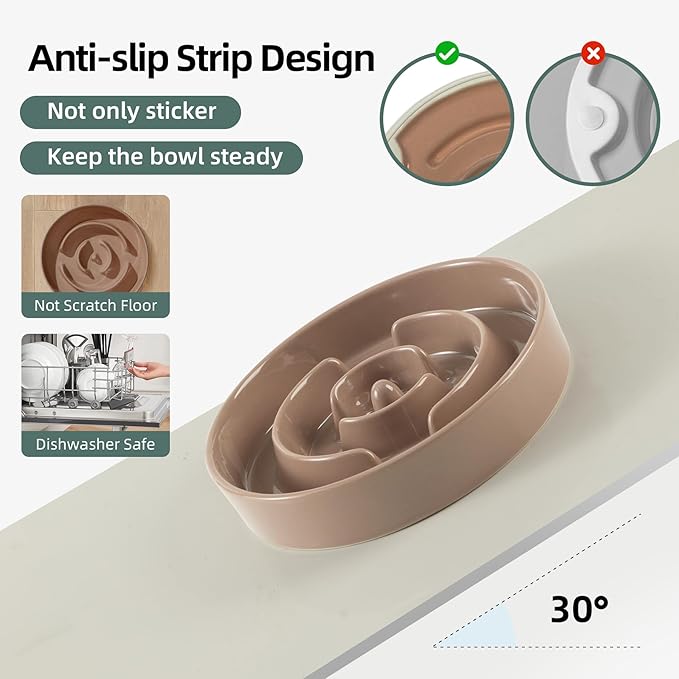 Ceramic 3.2 Cup Raised Slow Feeder Dog Bowl Set, Elevated Bowl with Wooden Stand for Large Dog, 9.5inch Puzzle Slow Pet Food Dish, Anti-Gulping(Brown Coffee, Single Bowl+ Stand)
