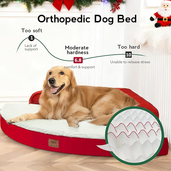Christmas Dog Bed Large Size - XL Orthopedic Egg-Crate Memory Foam Dog Beds with Removable Washable Cover, Waterproof Pet Beds with Non-Slip Bottom, Red