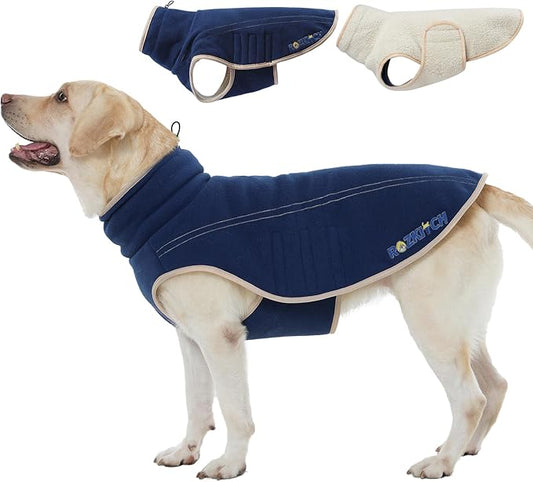 ROZKITCH Super Warm Coat for Dogs Large, Reversible Polar Fleece Sweater with Adjustable Drawstring, Thickened Sherpa Jacket for Winter DarkBlue 3XL